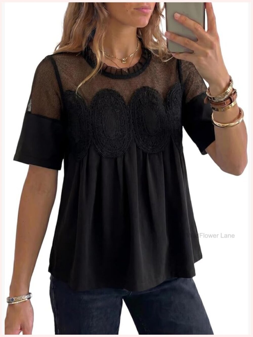 Elegant Lace Blouse Flared Swing Top Crew Neck Short Sleeve Textured Mesh Shirt